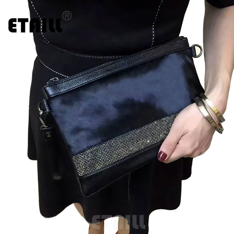 ETAILL блестящие бриллианты натуральная кожа+ конский волос дизайнерская сумка-конверт клатч вечерняя сумка на плечо из конского волоса натуральная кожаная сумка