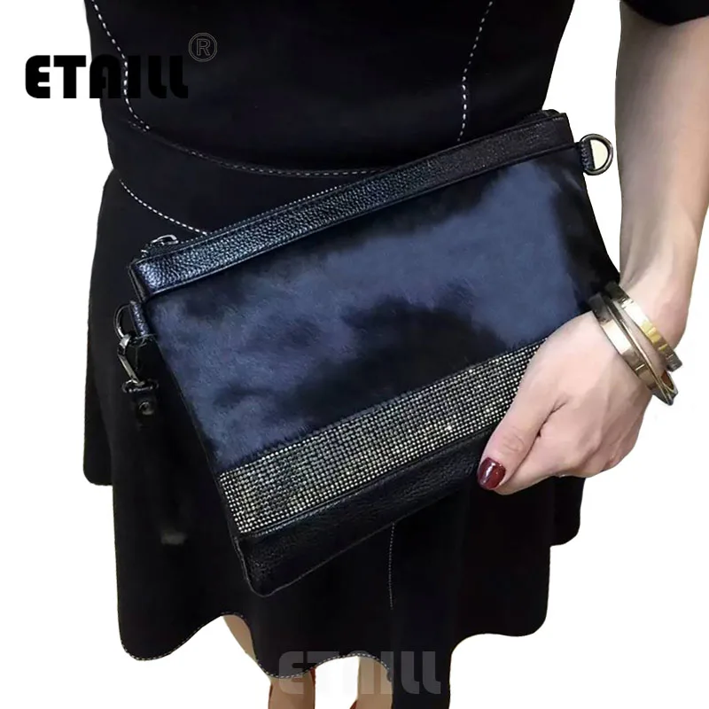 

ETAILL Shiny Diamonds Genuine Leather+Horsehair Designer Envelope Clutch Bag Evening Shoulder Bags Horse Hair Real Leather Bag