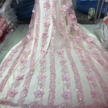 

HFX Baby Pink Beaded Embroidery Nigeria Tulle Lace 3d Applique Flowers Lace High Quality Net Lace Fabric For Christmas X1360