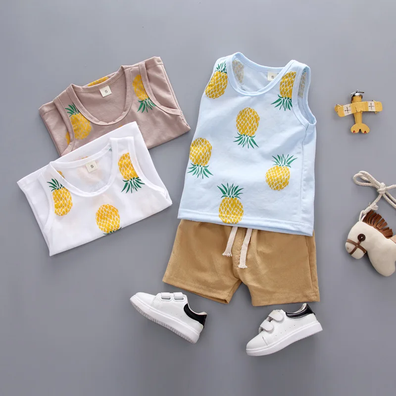 

2Pcs/set Baby Boys Vest Suit 2019 Summer Thin Pineapple Printed Vest+ Shorts Beach Outfits Lycra Cotton Baby Clothes Set Girls