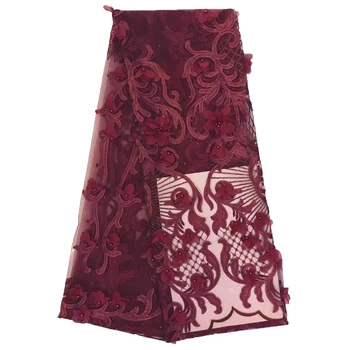 

High Quality Nigerian Lace Fabrics 5 Yards Latest African 3d Wine Embroidery French Tulle Lace Fabric with Beads A1528