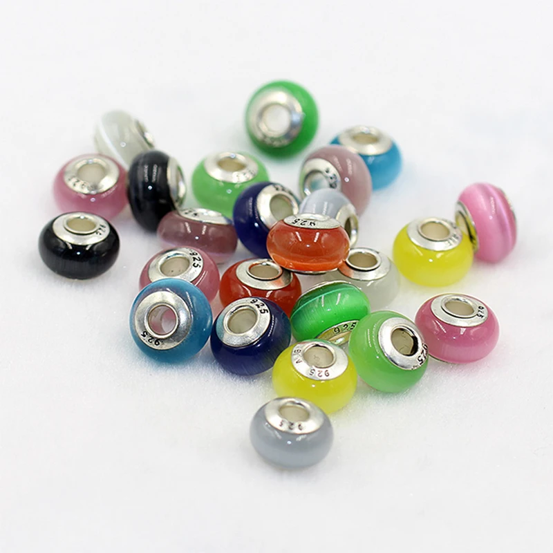 

10pcs High quality natural stone beads Opal 925 Silver Cat Eye Murano European Czech Bead Fit For Pandor Charms Bracelet H405