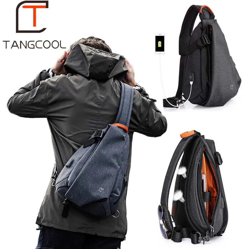 Tangcool multifunción moda hombres Crossbody bolsas USB carga pecho paquete corto viaje mensajeros bolsa de hombro repelente al agua