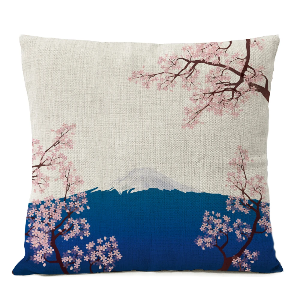 Japanese Fuji Cherry Cushion Cover Home Decorative Pillows Japan Ukiyo-e Wave Pillow Cover Linen Pillow Case Cojines Almofada