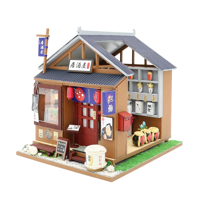 Миниатюрный японских Izakaya Модель Кукольный дом мебель Наборы DIY деревянный кукольный домик с светодиодный свет для детей подарок на день рождения