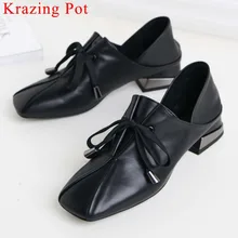 Krazing Pot/размера плюс натуральная кожа, на низком каблуке и на шнуровке Классическая обувь с квадратным носком на толстом низком каблуке, женские туфли-лодочки в винтажном стиле; Вечерние Повседневные туфли L86