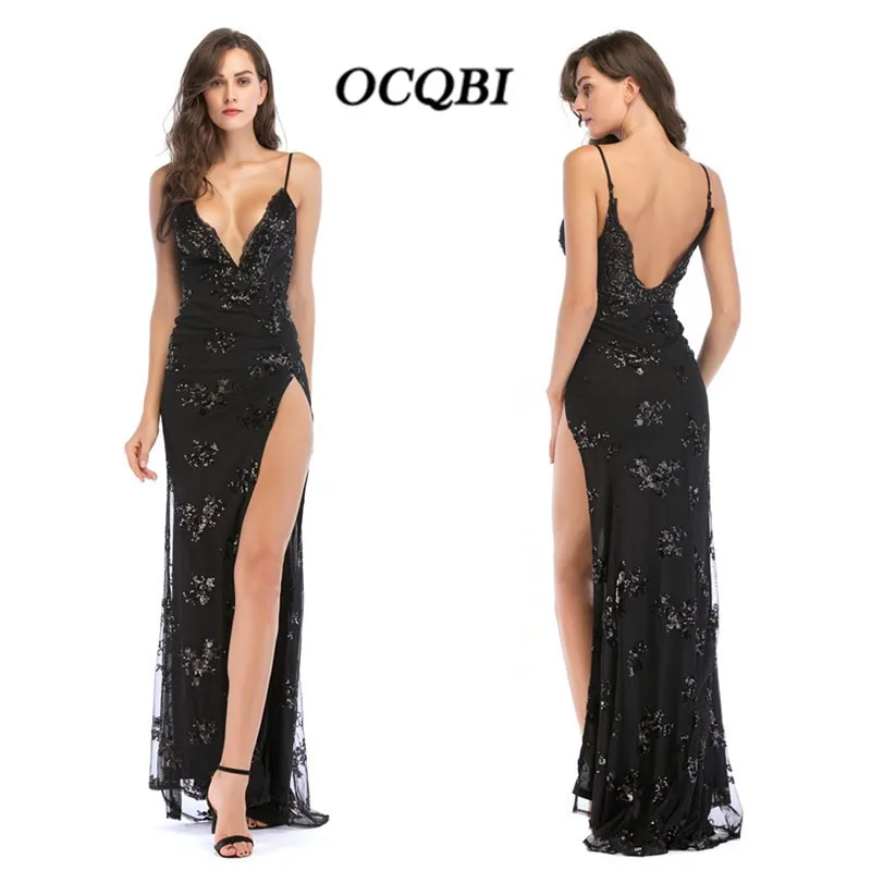 

Plus Size 2018 Women Summer Sequined Trumpet Sundress Sexy Elegant Party Maxi Backless Black Dress