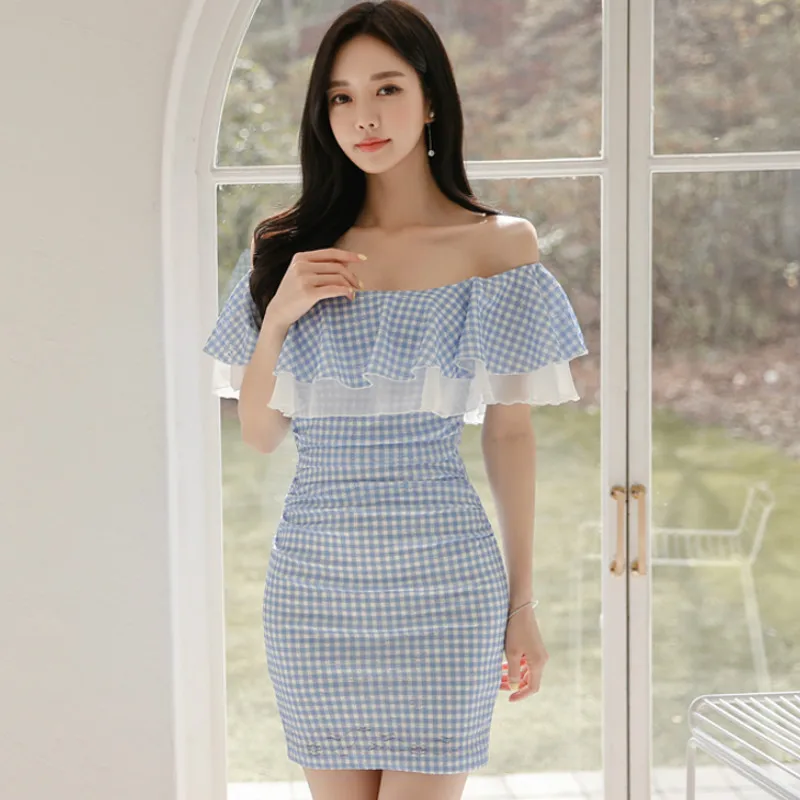 

Summer Slash Neck Ruffles Plaid Mini Bodycon Blue Sexy Club Dress