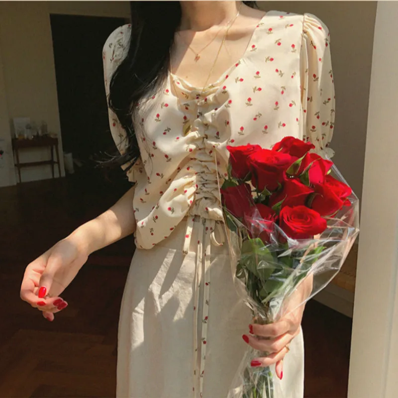 

Womens Summer Floral Crop Tops Ladies Blouses V Neck Shirt Drawstring Blusas Haut Femme Casual Bluzki Damskie Dames Kleding