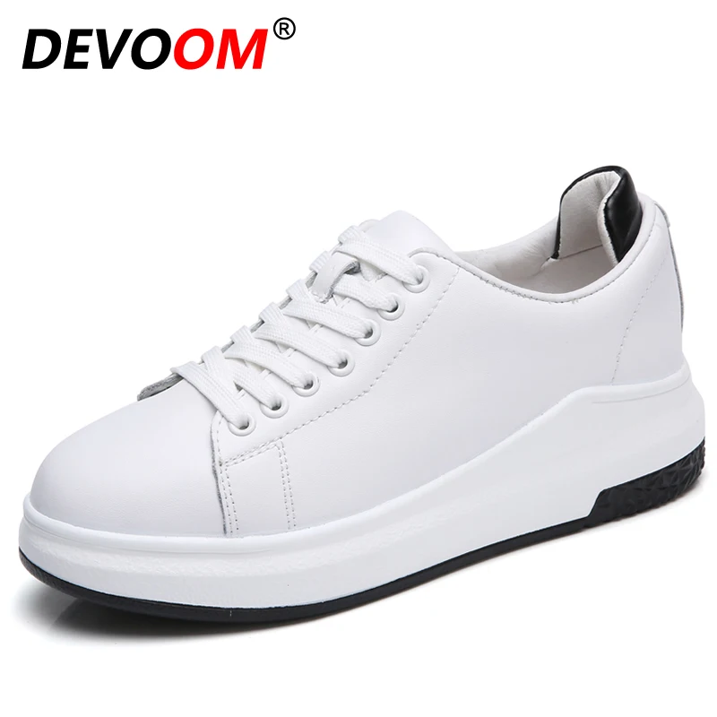 

New Spring Womens Premium Split Leather Casual Shoes Ladies Fashion White/Black Sneakers Female Increased Elevator Platform Flat