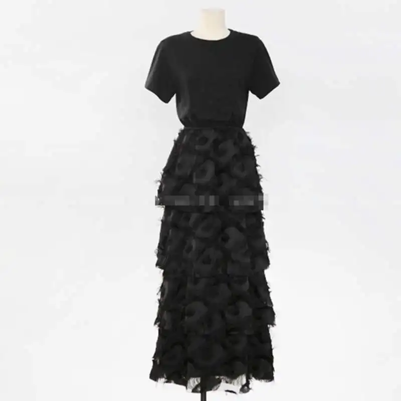 Rugod платье женское лоскутное с кисточками с Тонким О-образным вырезом и короткими рукавами платье Торт белый черный Платье Макси для вечеринок корейский стиль - Цвет: Черный