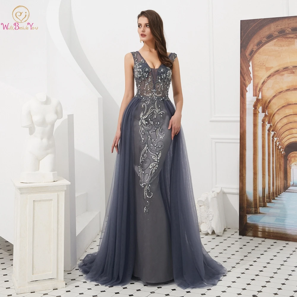 Evening Dresses Long 2018 Wholesale Luxury Sexy Mermaid Gray/Wine Red Train Sleeveless Beading Crystal Evening Gowns Prom Party