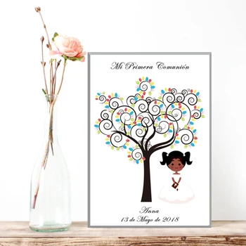 

Personalize Girl's First Communion Gift with Name Date Creative Souvenir of Baptism Fingerprint Tree Canvas Art Print & Ink
