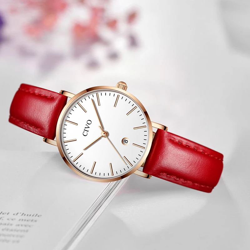 

CIVO 2019 Top Brand Fashion Ladies Dress Watches Women Simple Red Quartz Watch Gold Genuine Leather Wristwatches Female Clock