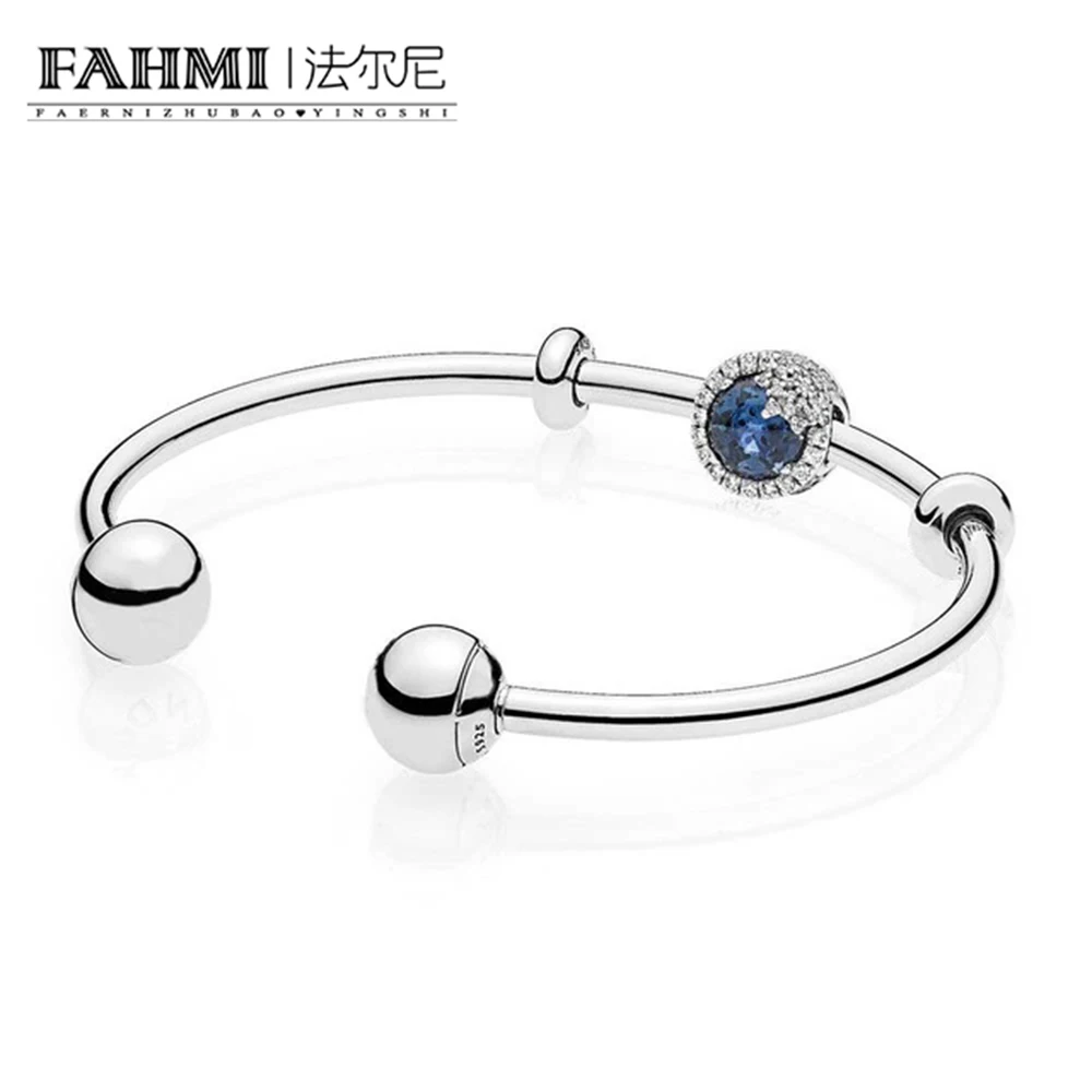 

FAHMI 925 Sterling silver Blue Dazzling Snowflake Open Bangle Set Clear CZ fit DIY Original charm Bracelets jewelry A Set