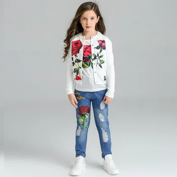 

High Quality 2019 Girls Clothes 10 Years Sets Autumn Winter Denim Teen girls Clothing Girl Set 3Pcs For Girls Boutique Outfits