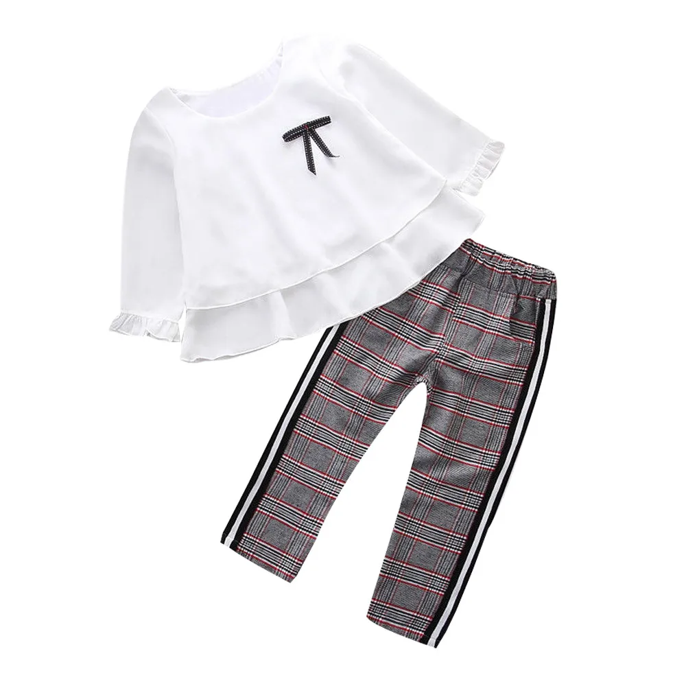 Комплект одежды из 2 предметов для маленьких девочек Футболка с оборками Топы+ штаны в клетку, комплект одежды, vetement enfant fille roupas