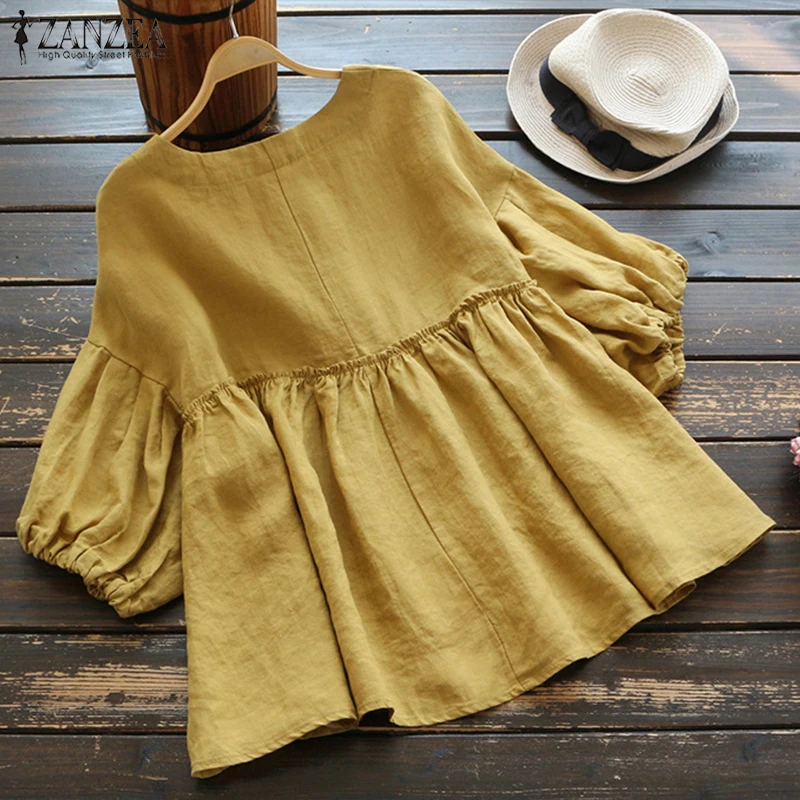  Fashion Ruffle Blouse Summer Women's Tunic 2019 ZANZEA Vintage Casual Linen Tops Female 3/4 Lantern