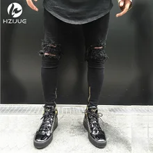 ankle zipper design Hi Street Mens Black Ripped Jeans Men Fashion Male Distressed Skinny Jeans Destroyed Denim Jeans Trousers