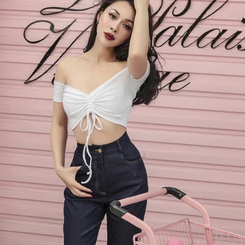 

2018 Spring Very Sexy Multi Way Wearing Ultra Short Tee Women Drawstring Off Shoulder Slash Neck Stretch Threaded Cotton T-shirt