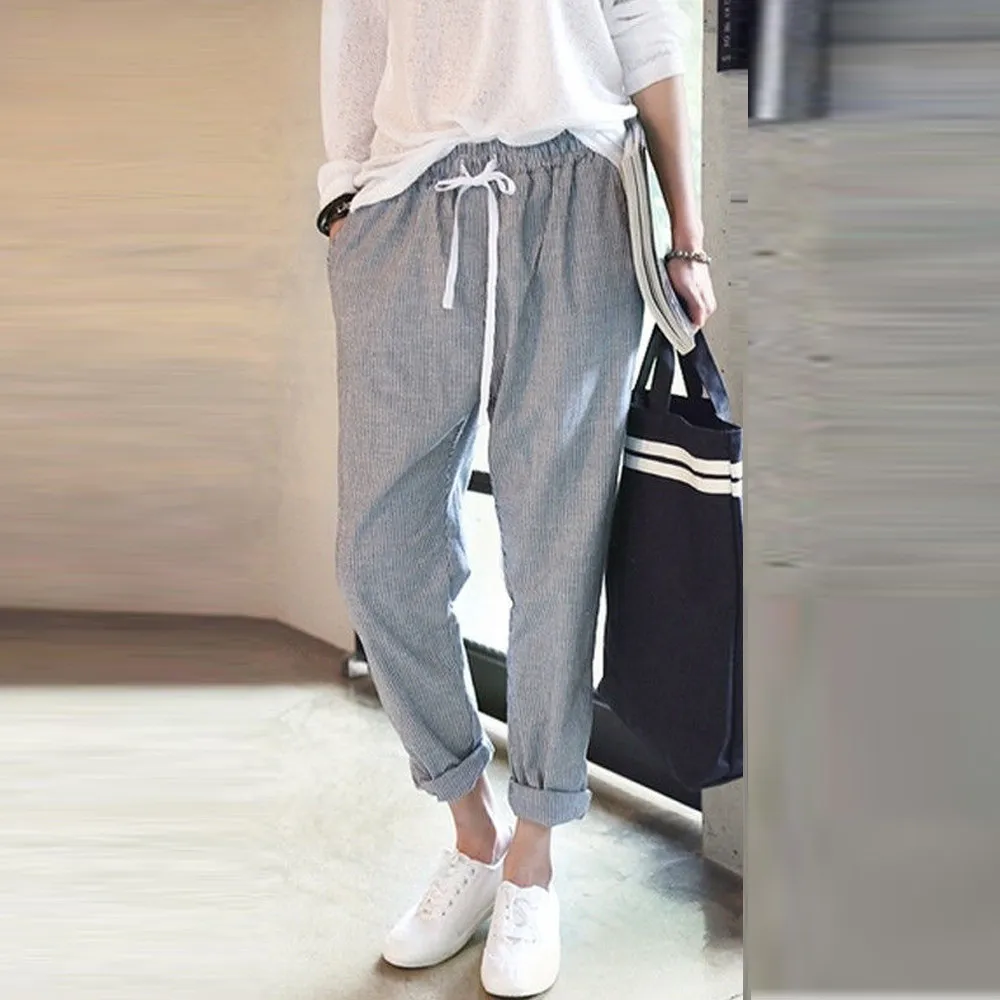 Women Trousers Harem Pants Ladies summer elastic waist loose harem pants wide leg cotton and linen loose Capri pants