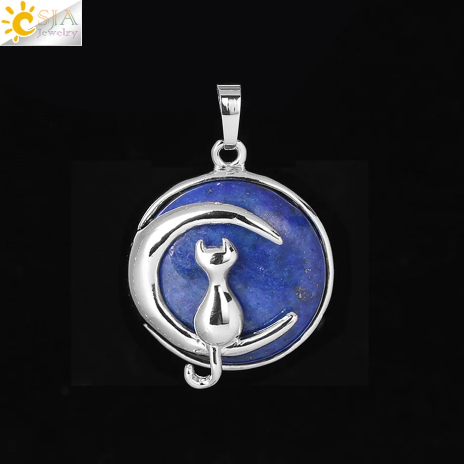 CSJA, новинка, модная подвеска в виде кошки, Луны, ожерелье, круглый натуральный камень, милый котенок, удача, ювелирное изделие, подходит для женщин, колье для девочек, подарок F334 - Окраска металла: Lapis Lazuli