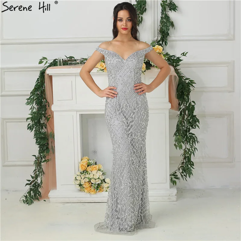 Серебристые роскошные сексуальные вечерние платья русалки с бриллиантовым бисером, вечерние платья с открытыми плечами, настоящая фотография LA6406