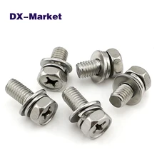 M3-M10 Combined Hex Head Screw , 304 Stainless Steel Cross Recessed Hexagon Bolt with Indentation