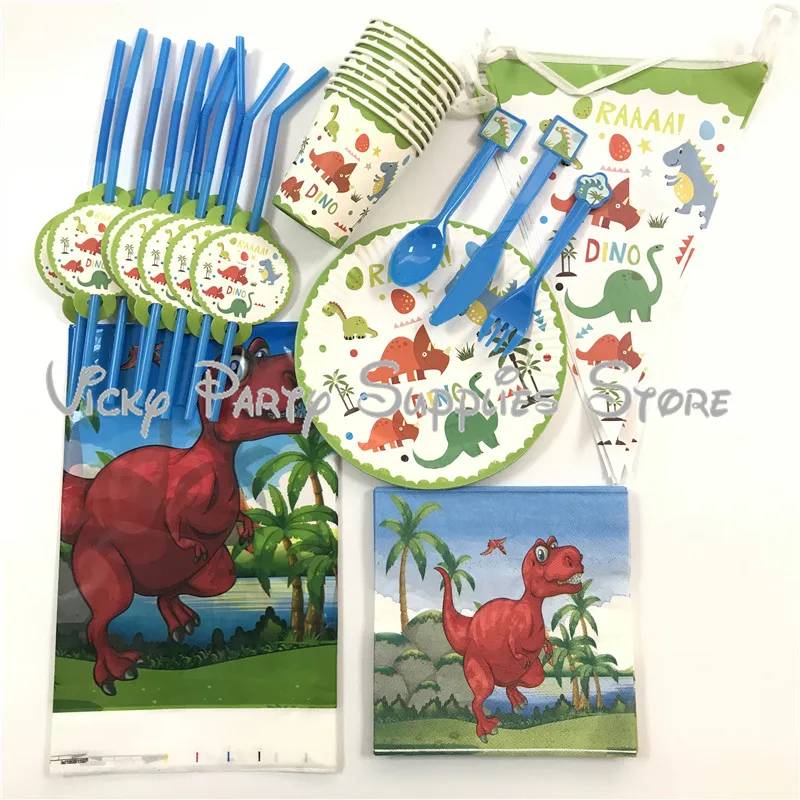 

91pcs/lot Cartoon Dinosaur Theme Disposable Tableware Set Cartoon Theme Birthday Party Flags Decorations Baby Shower Supplies