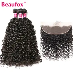 Beaufox 13x4 синтетический Frontal шнурка волос с Связки бразильская холодная завивка Связки с фронтальной синтетическое закрытие Remy человеческие