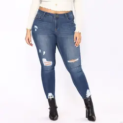 Плюс размер 2XL-7XL женские джинсы скинни с завышенной талией отверстия уничтожено джинсовые узкие брюки модные эластичные узкие