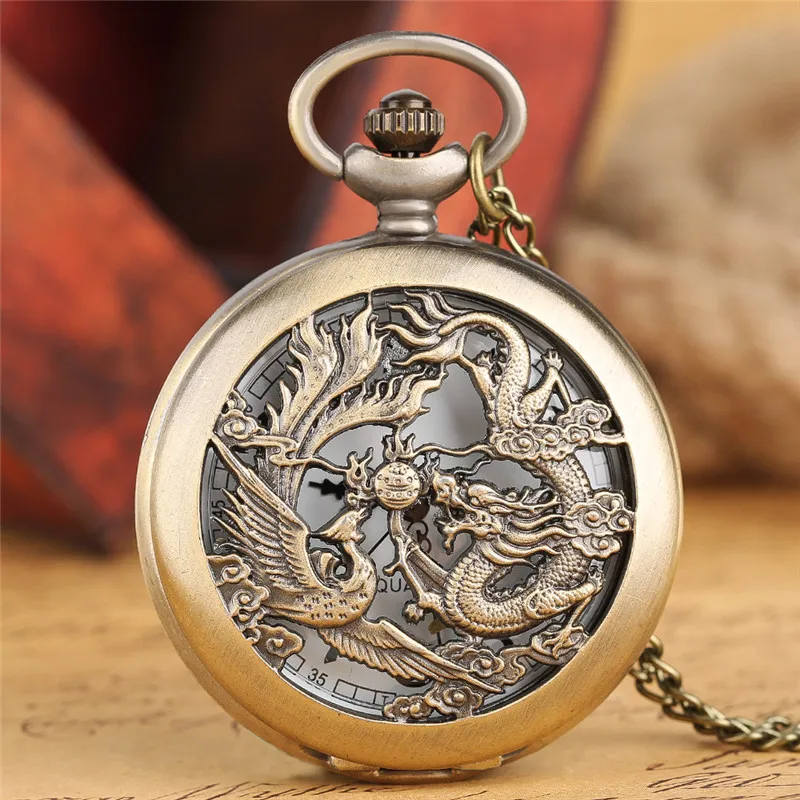 Винтаж дракон феникс карманные часы полые бронзовая подвеска Цепочки и ожерелья Для мужчин половина охотник кварцевые часы Для женщин Часы