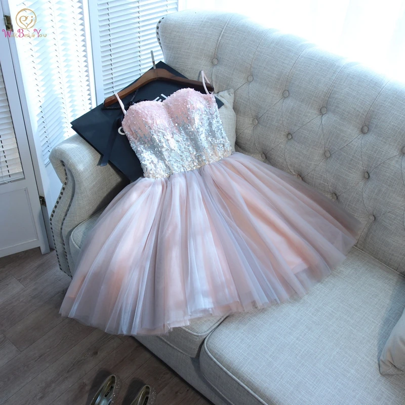 

Walk Beside You Vestido Cocktail Dresses 2019 Pink-gray Tulle Sequined Evening Party Vestidos De Coctel Elegantes Short Gowns