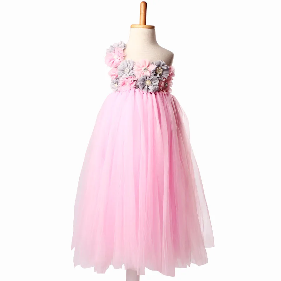 Розовое и серое платье-пачка с цветочным узором для девочек; винтажное детское платье с фатиновой юбкой на свадьбу; Платье для фотосессии на день рождения; платье ручной работы - Цвет: pink tutu dress