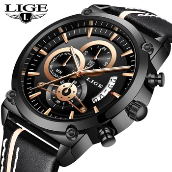 

2019 New LIGE Mens Watches Top Brand Luxury Leather Waterproof Watch Sport Chronograph Men's Quartz Wristwatch Relogio Masculino