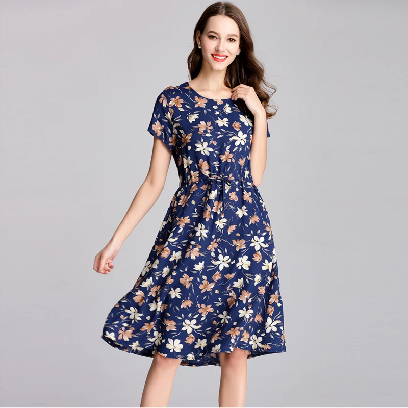 2018 women Cotton plus size blue print Summer Dress female Large size ...
