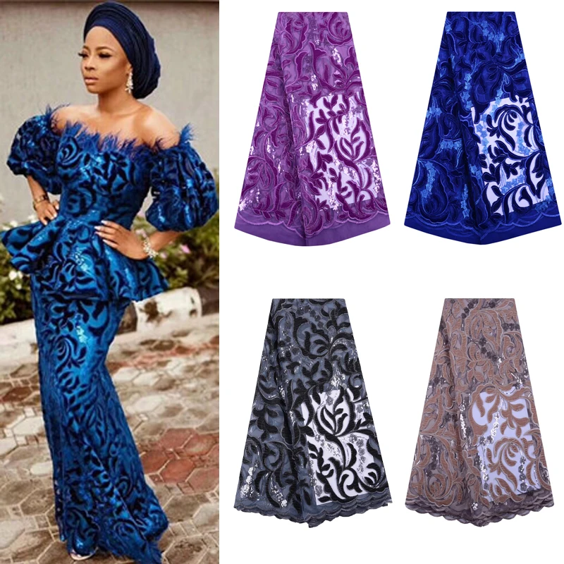 

Purple Color African Lace Fabric 2019 High Quality French Velvet Lace Fabric With Sequins Lace Fabric For Wedding Party 1176