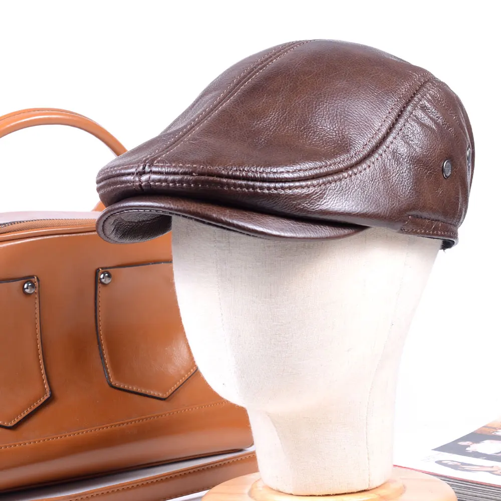 

Real Leather Men's Winter Warm Genuine Leather Ear Flaps Muffs Cowhide Miliitary Army Beret Peaked Cap Newsboy Trucker Hats/Caps