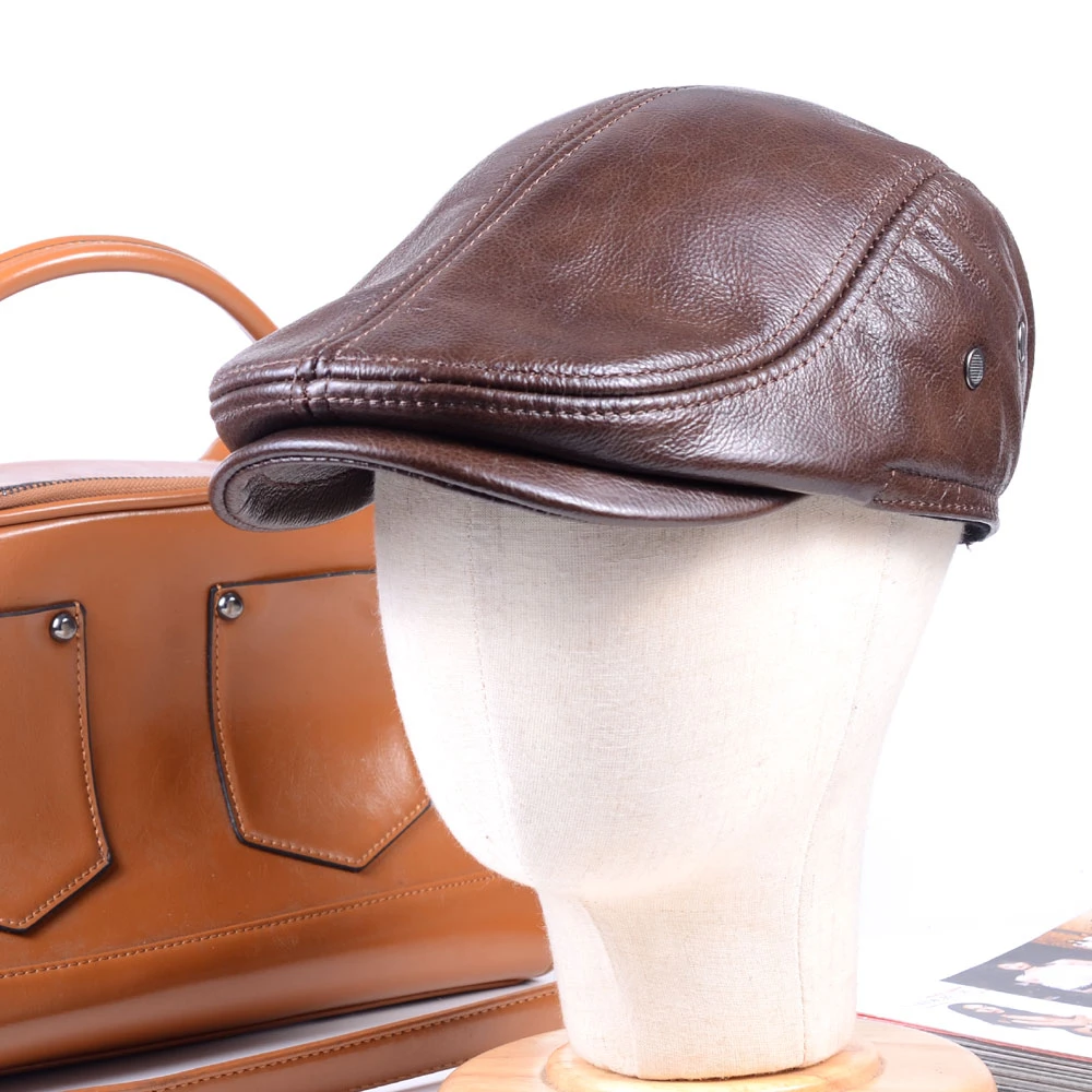 100% Real Leather Men's Winter Warm Earflaps Cowhide Miliitary Army Beret Golf Cap Newsboy Hat/cap mens berets for sale