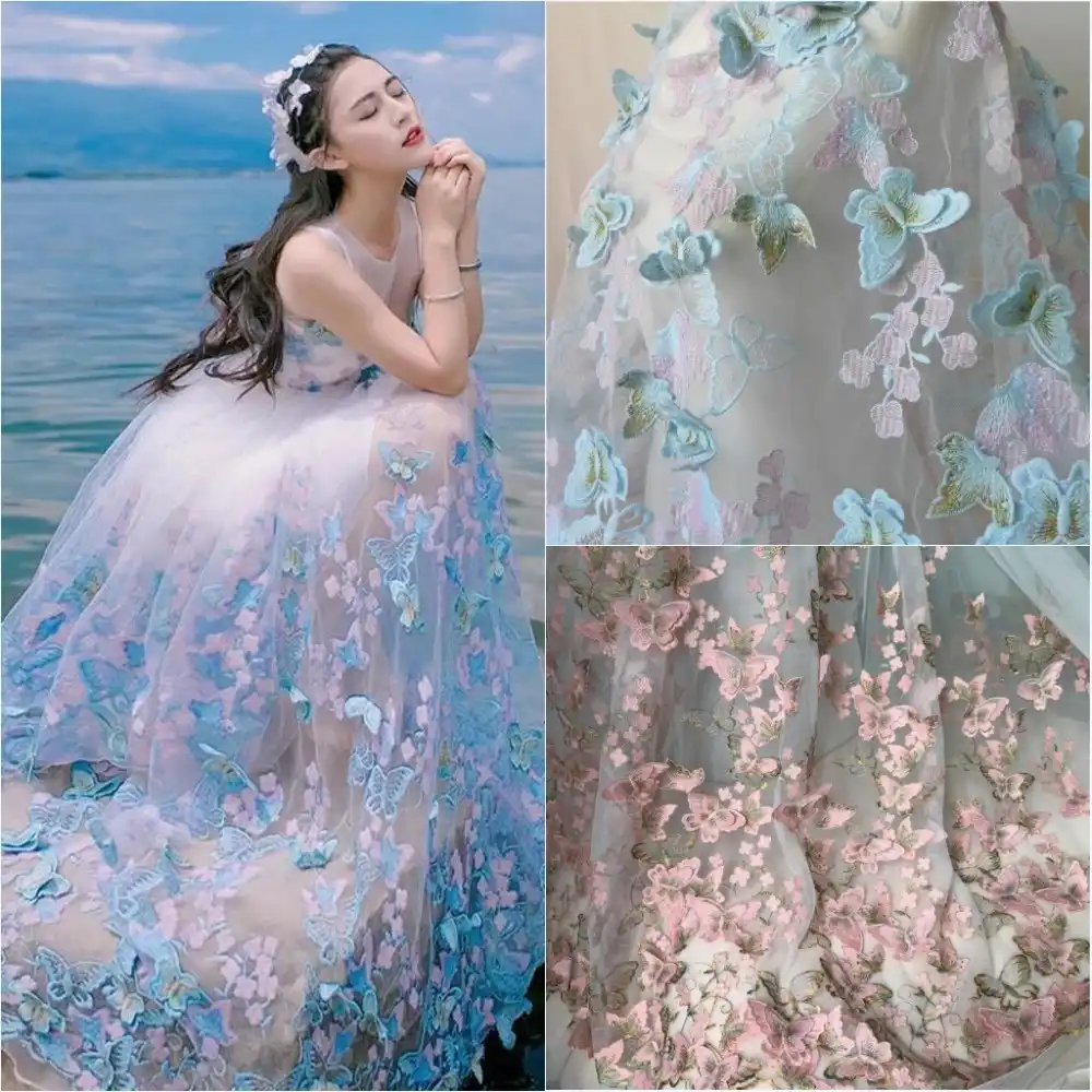 beautiful 3D embroidered floral and butterfly lace fabric by the yard vintage bridal lace fabric 3D butterflies floral lace fabric