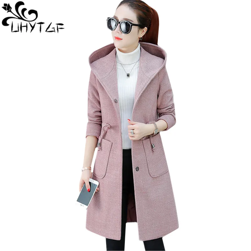 

UHYTGF Casual Autumn Winter woolen coat Women Hooded belt slim Ladie long windbreaker jacket Wild elegant outerwear Plus size 93