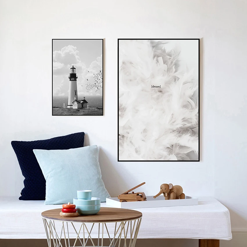 TEMPEST Lighthouse Wall Art Canvas Prints and Posters Nordic Minimalism Feather Canvas Paintings Abstract Wall Pictures for Living Room