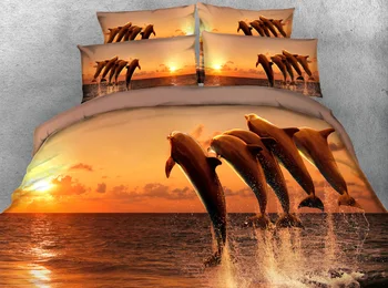 

JF-046 Digital Sheets set 4pcs 3D Dolphin jump out of the Water bedding sets ocean under sunshine duvet covers super king twin