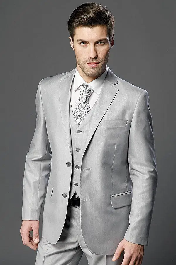 

2015 New Arrivals Two Buttons Light Grey Groom Tuxedos Notch Lapel Groomsmen Wedding Prom Suits ( jacket+Pants+vest+tie)