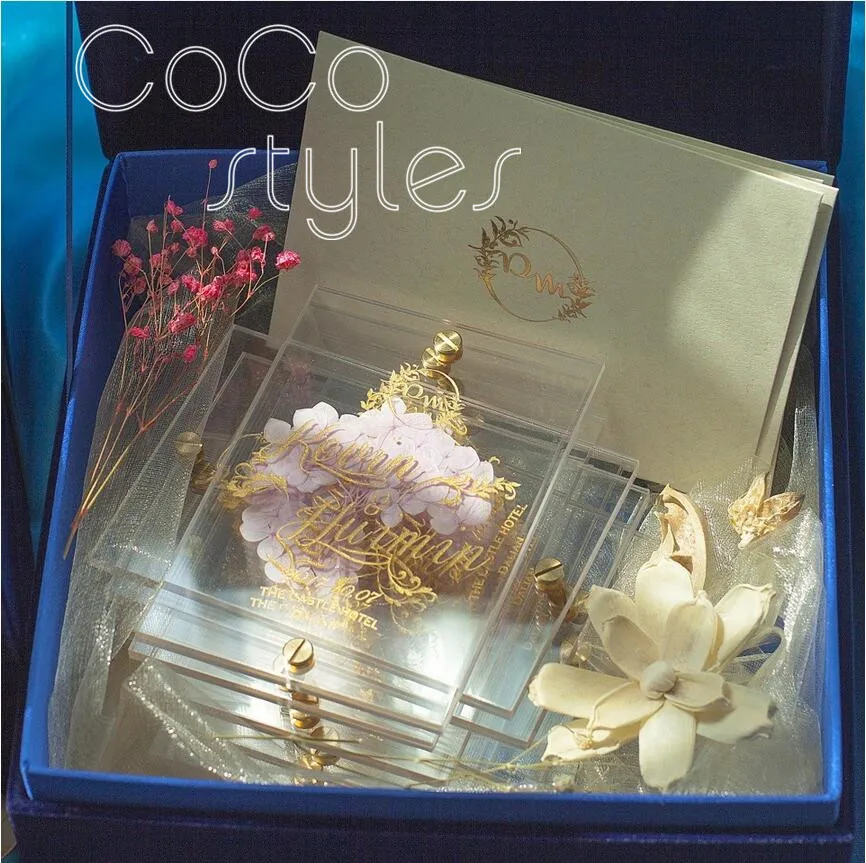  Cocostyles personalized lucid acrylic invitation card with gold engraving design for garden wedding - 32869580836