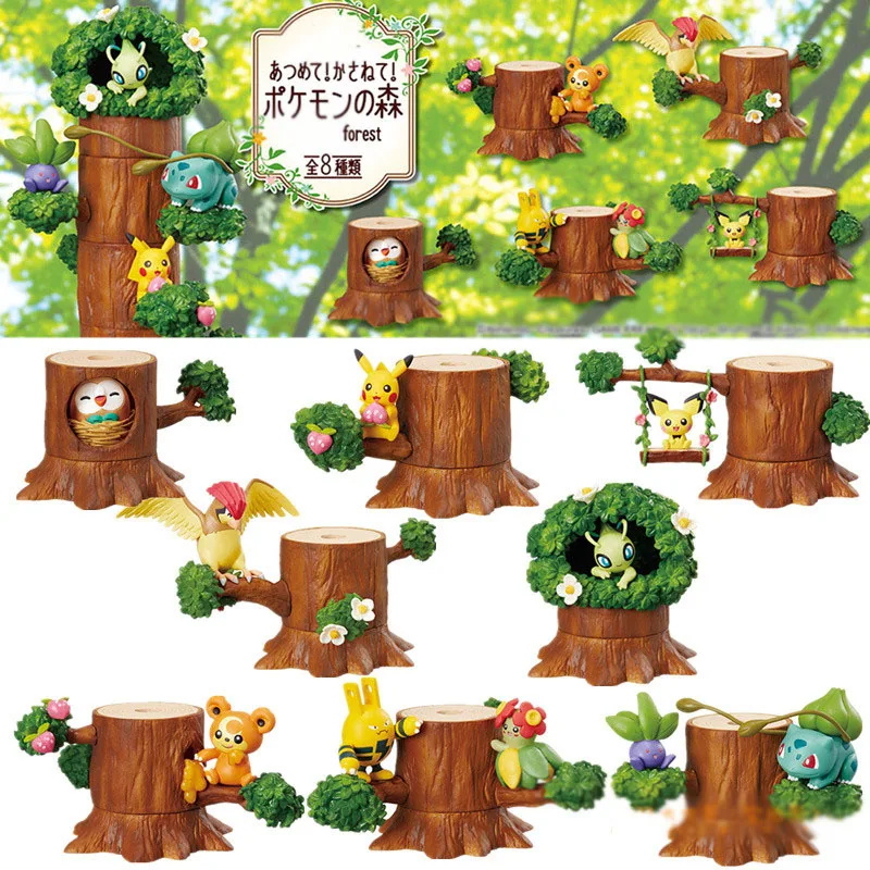 

8pcs/set Anime Pika Mokurah Celebi Bulbasaur pokemones Figure in Forest Tree House Forest Action Figure Collection Model Toys