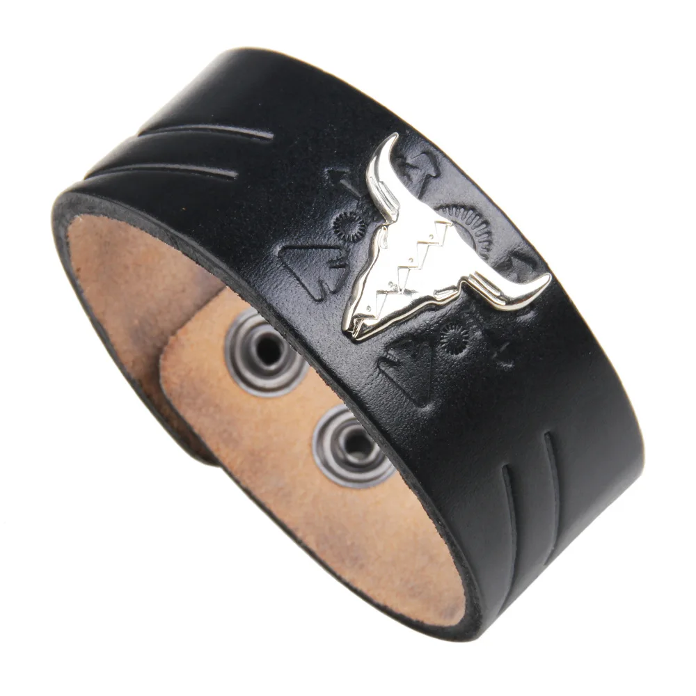 Men's Casual Fashion Street Beat Leather Alloy Cow Head Exaggerated Punk Temperament Wide Bracelet Travel Friends Gifts | Украшения и