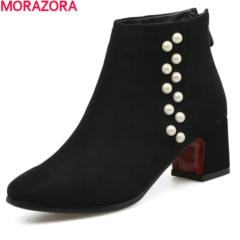 

MORAZORA Spring autumn boots female fashion shoes woman flock zip high heels boots square toe party ankle boots big size 34-43