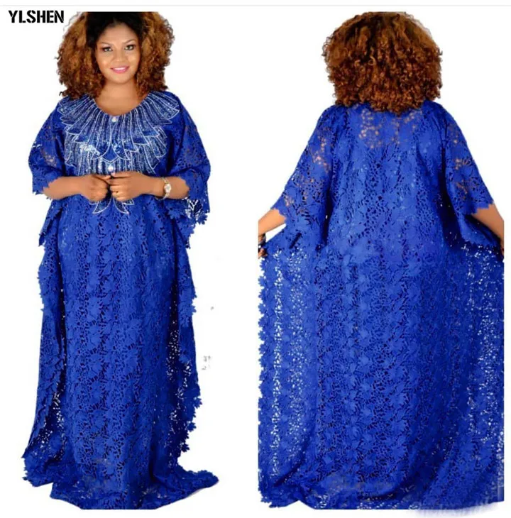 Африканские платья для женщин Дашики кружевная африканская одежда Bazin Broder Riche вышивка блестками Robe Boubou Africain платье платья - Цвет: Navy blue