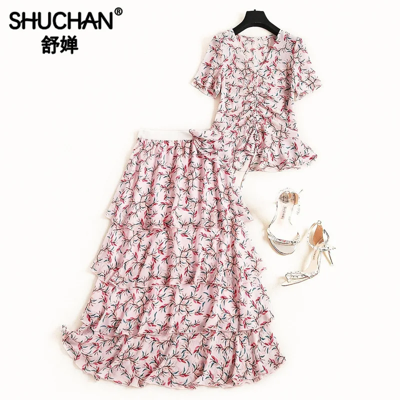 

Shuchan Pink 2 Piece Set Women Prairie Chic Draped V-Neck Tops+ Elastic Waist Long Skirts 2019 Summer Two Piece Sets Skirt 11367
